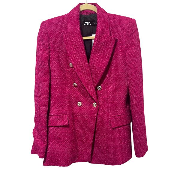 NEW Zara Fuschia Pink Double Breasted Textured Tweed Blazer Jacket M - Picture 2 of 8
